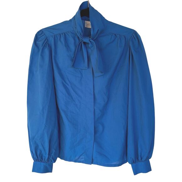 Vintage Royal Blue Office Blouse Prairie Modest Classic Career Western Summer - Picture 1 of 8